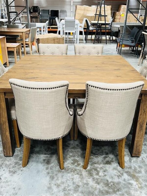150cm Square Dining Table with 8 Beige Fabric Chairs