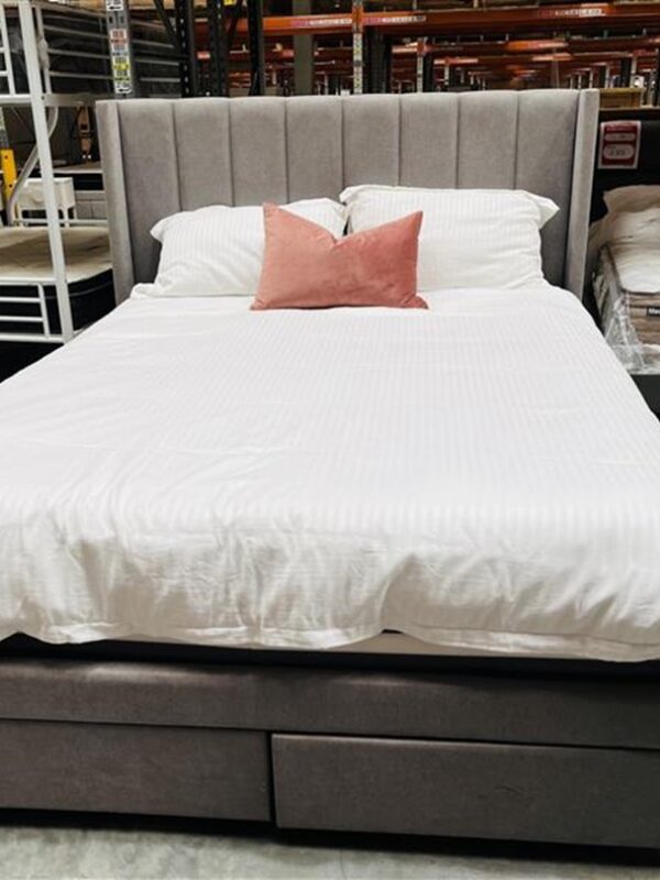 Dark Grey Fabric 2 Drawer Queen Bed PLUS BRAND NEW MATTRESS