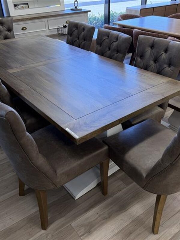 230CM Pedestal Dining Table with 8 Brown Fabric Chairs