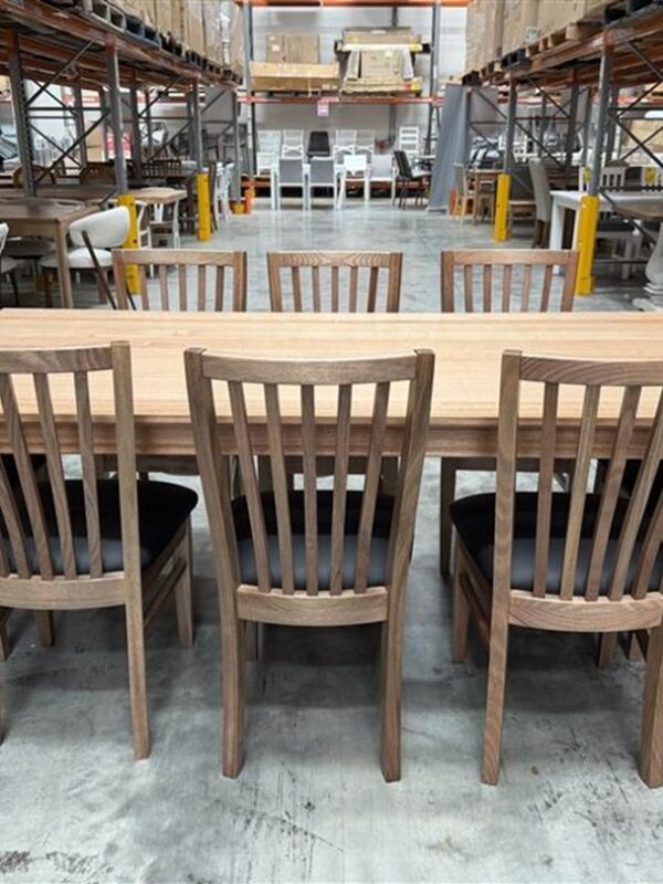Natural Timber Dining Table with 8 Slatback Dining Chairs