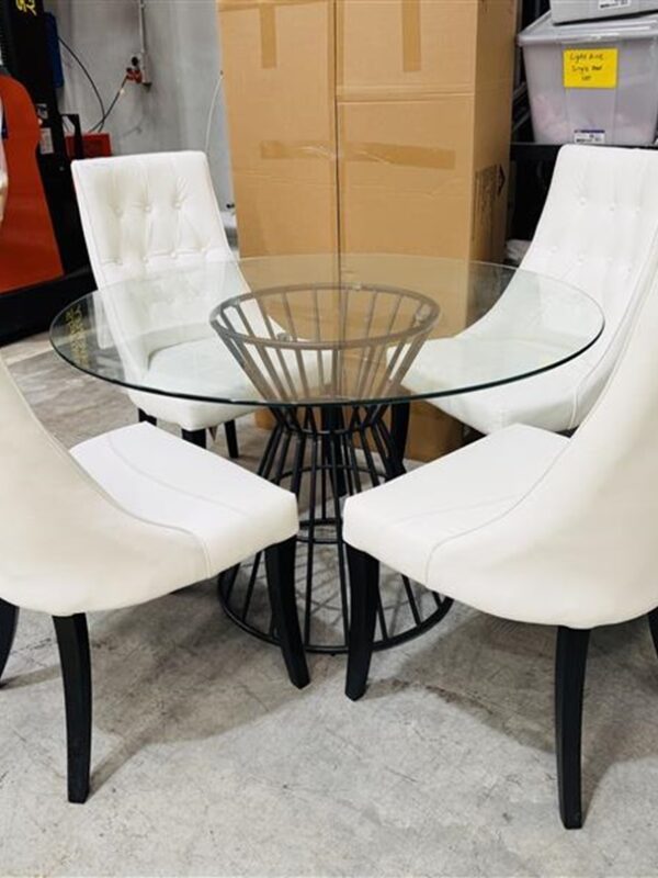 5pc Round Dining Set with Glass Table & White Leather Chairs