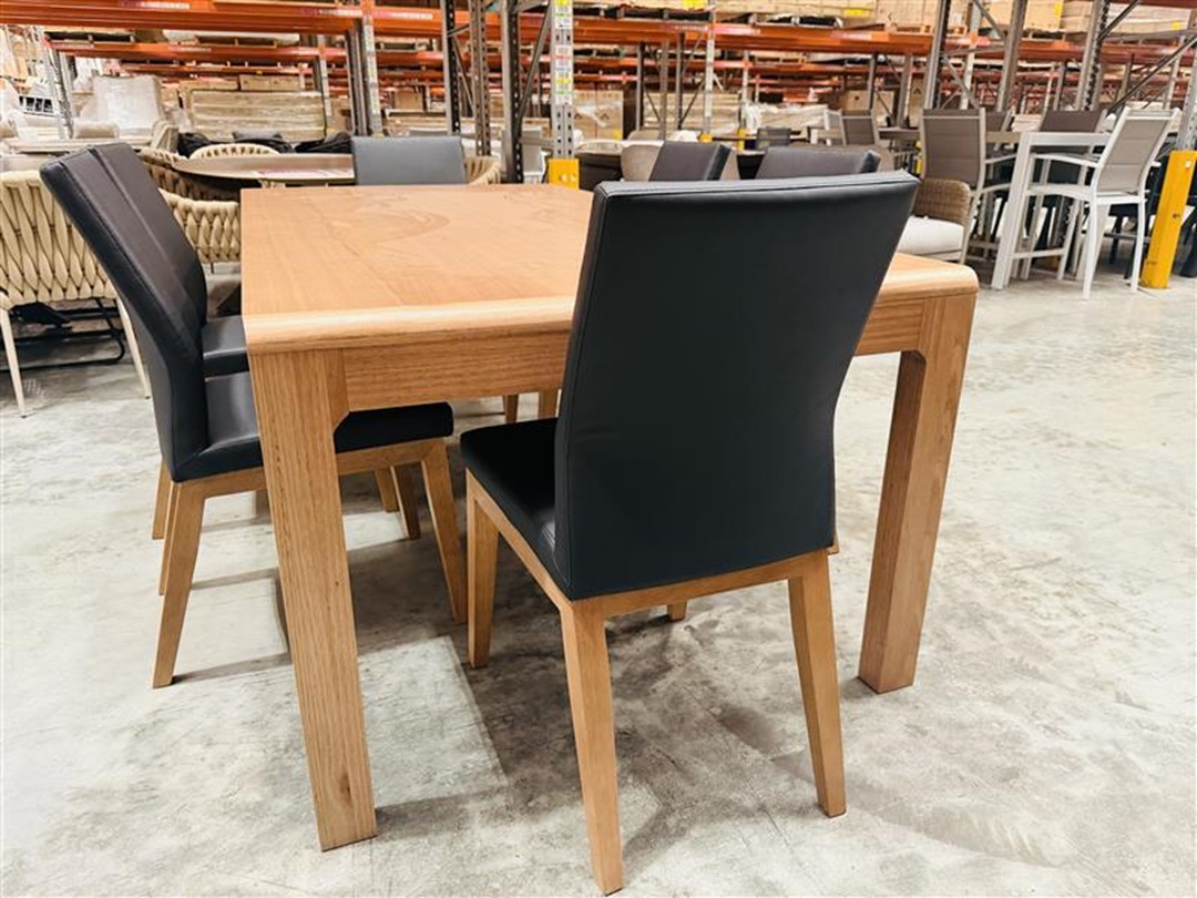 Smoke Timber Dining Table with 6 Black Leather Chairs Set 2