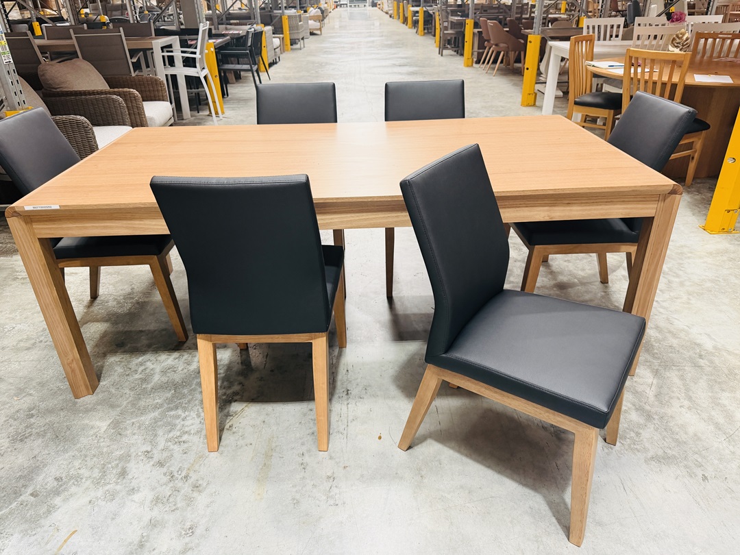 Smoke Timber Dining Table with 6 Black Leather Chairs Set 3