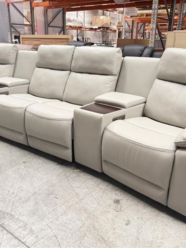 Taupe Leather 4 Seater Home Theatre Lounge with Recliners & Storage