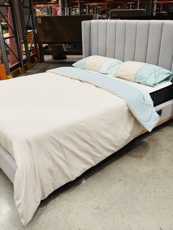 Light Grey Fabric Queen Bed and Mattress Package with Built In Charger & USB