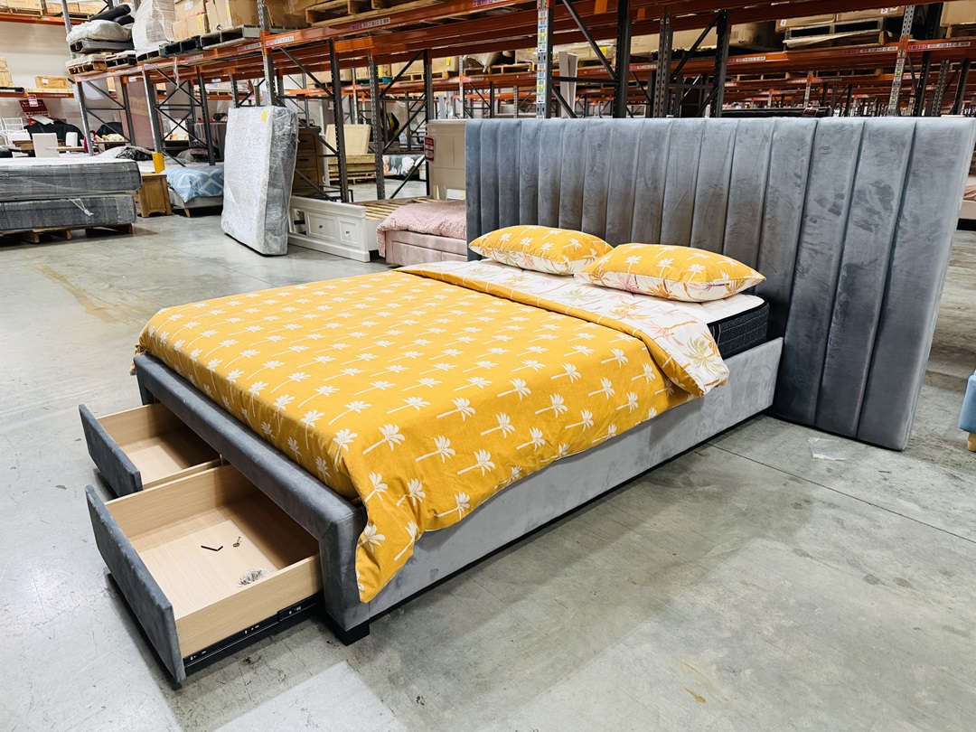 Dark Grey Fabric Queen Bed with Extended Headboard 3