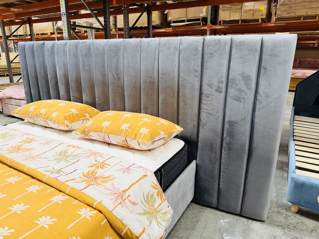 Dark Grey Fabric Queen Bed with Extended Headboard 4