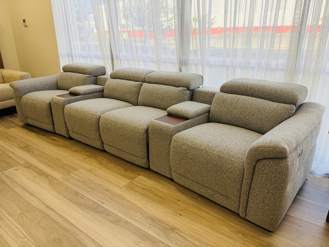 Grey Fabric 4 Seater Home Theatre Lounge with Electric Recliners & Storage Consoles 2