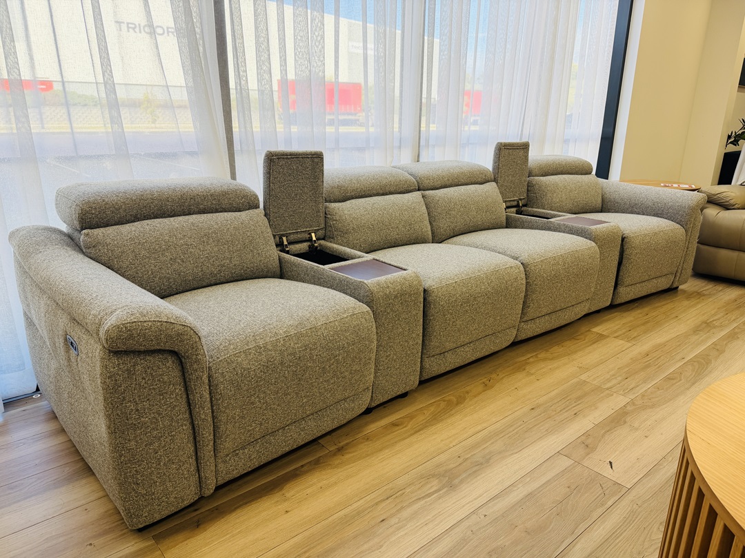 Grey Fabric 4 Seater Home Theatre Lounge with Electric Recliners & Storage Consoles 3