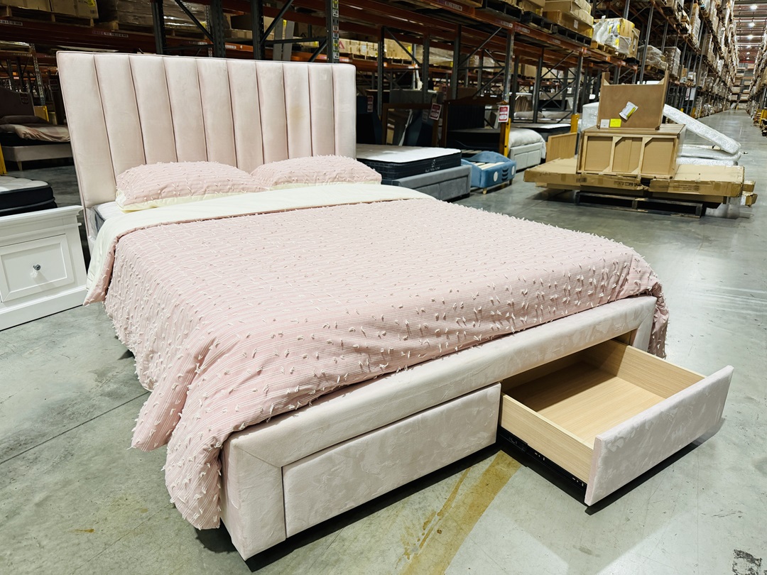 Light Pink Fabric 2 Drawer Queen Bed 2