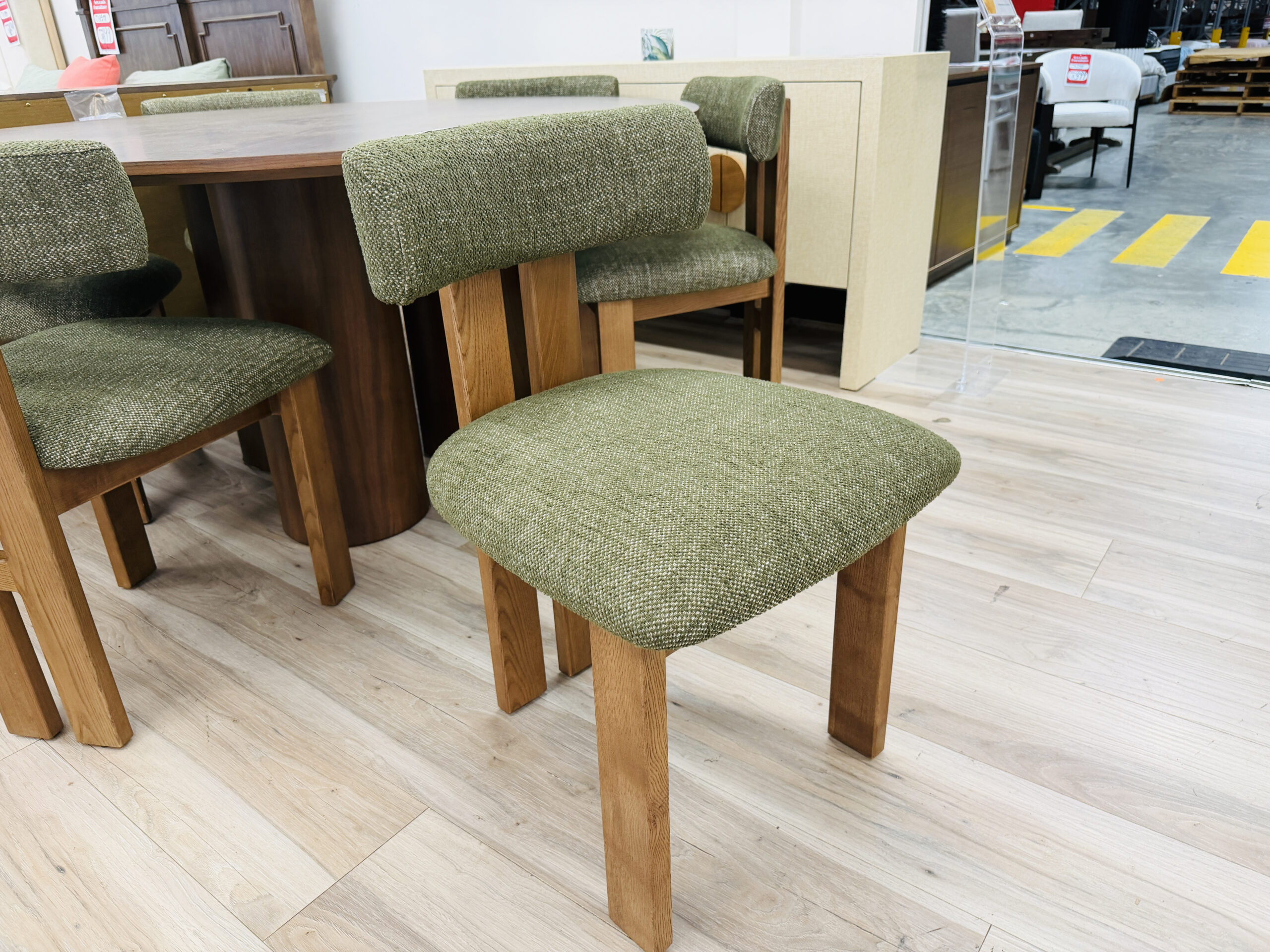 Premium Walnut Timber Round Dining Table with 6 Green Fabric Chairs 2