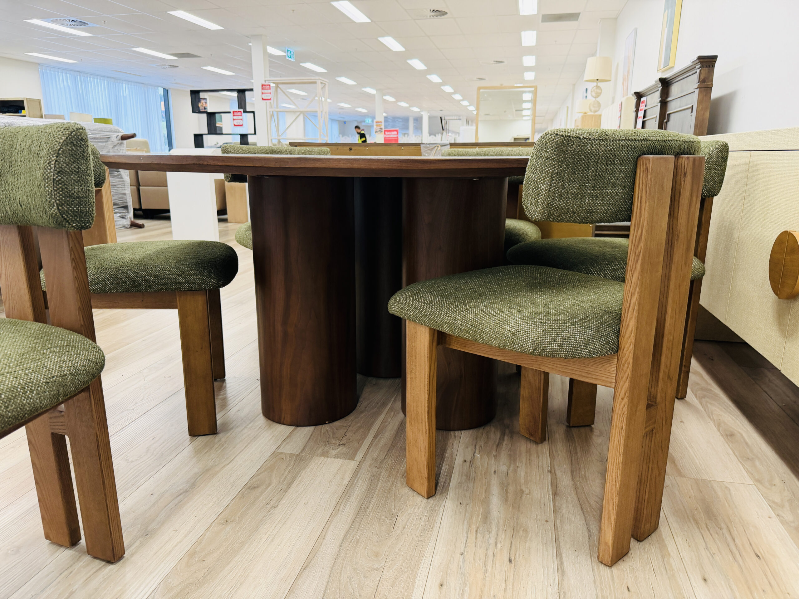 Premium Walnut Timber Round Dining Table with 6 Green Fabric Chairs 3