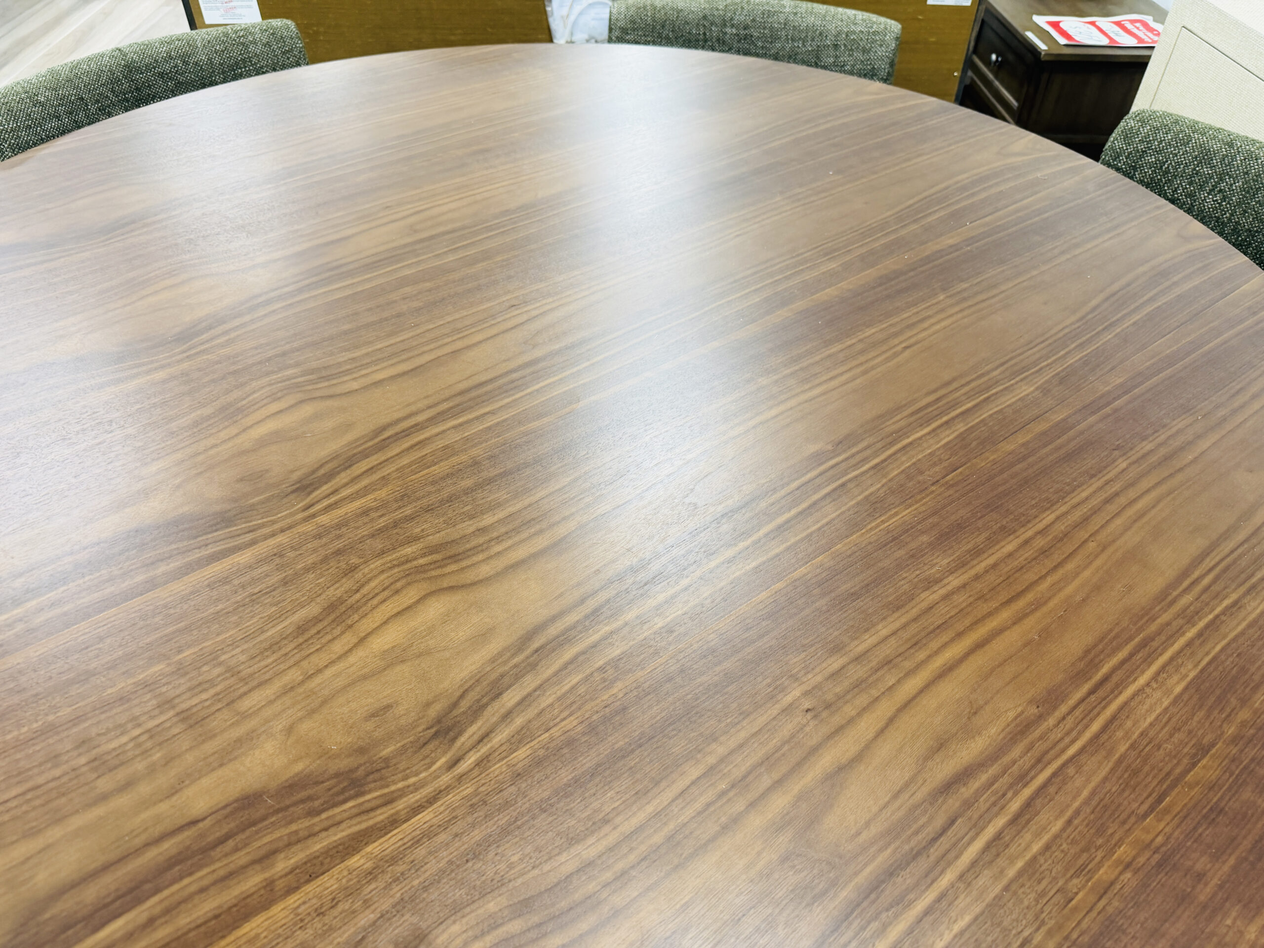 Premium Walnut Timber Round Dining Table with 6 Green Fabric Chairs 4
