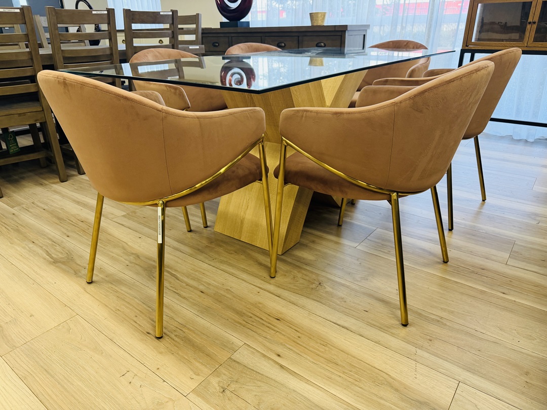 180cm Glass Top Dining Table with Blush Pink Fabric Chairs 2