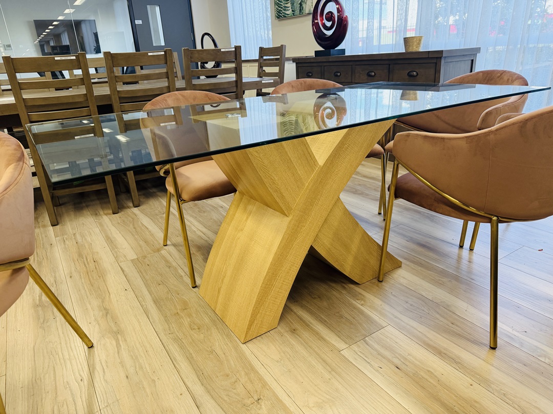 180cm Glass Top Dining Table with Blush Pink Fabric Chairs 4