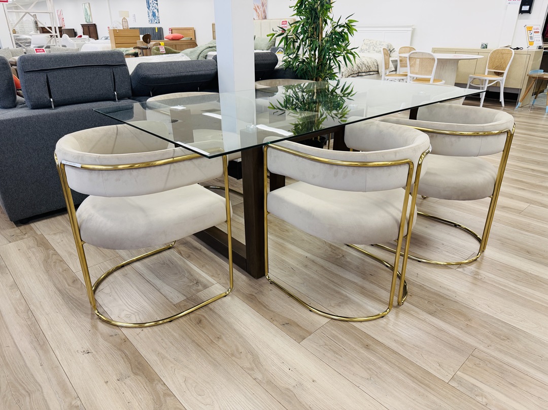 210cm Glass Top Dining Table with 6 Beige Gold Chairs 2