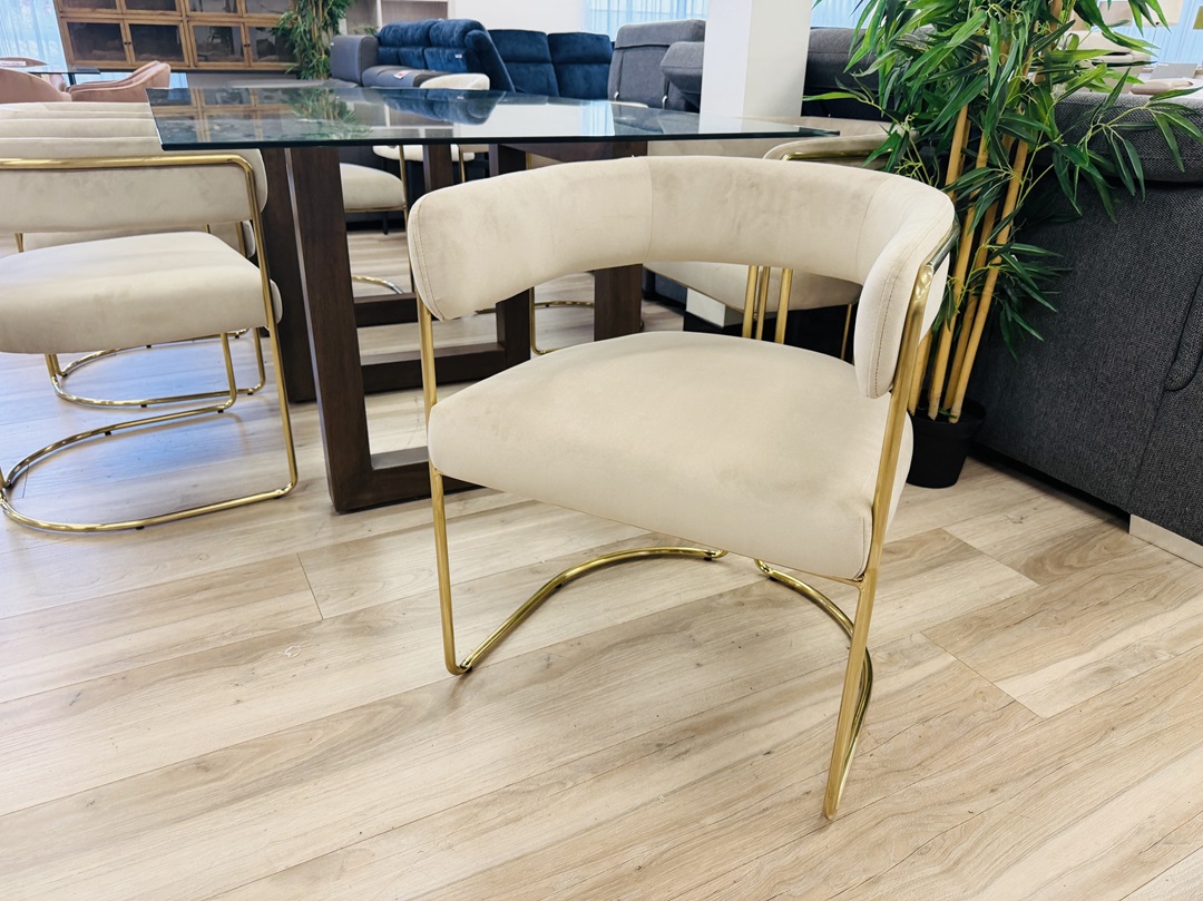 210cm Glass Top Dining Table with 6 Beige Gold Chairs 3