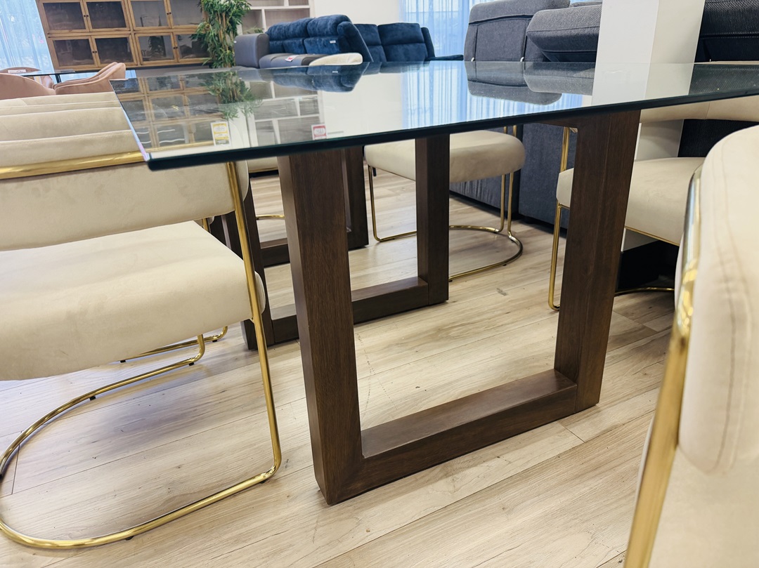 210cm Glass Top Dining Table with 6 Beige Gold Chairs 4