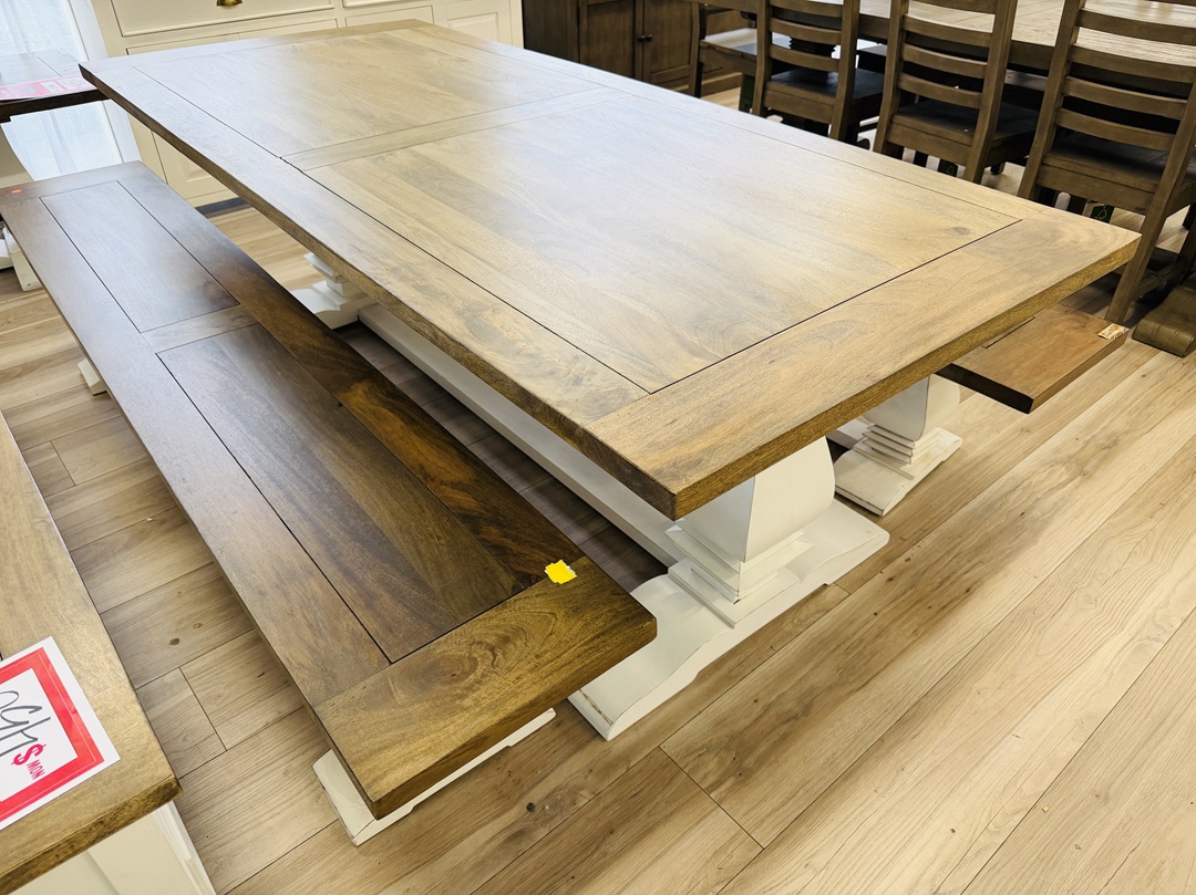 3pc Walnut Timber Bench Set with White Pedestal Base 3