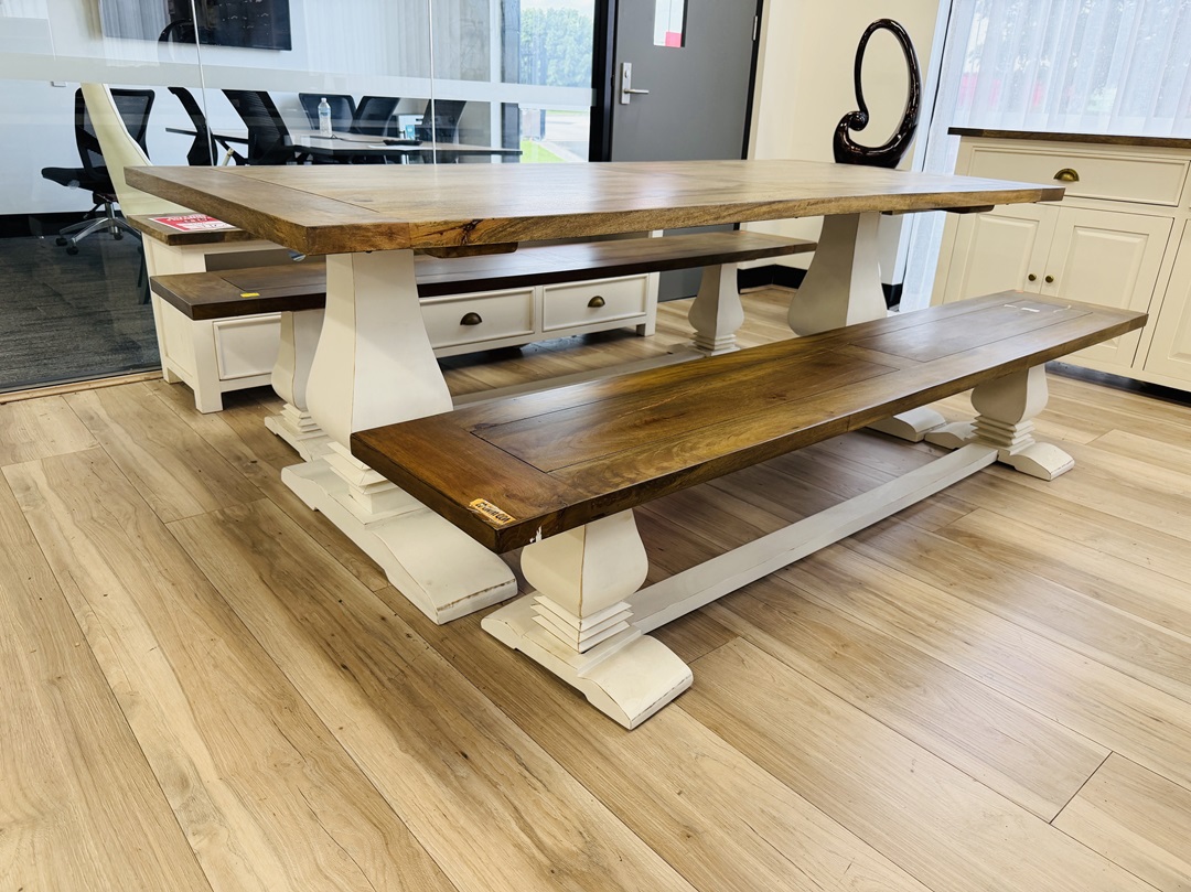 3pc Walnut Timber Bench Set with White Pedestal Base 4