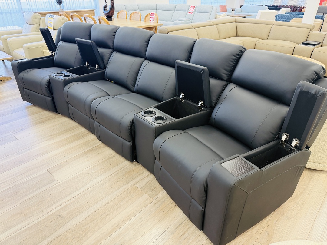Black Leather Home Theatre with Electric Recliners, Cupholders & Storage 3