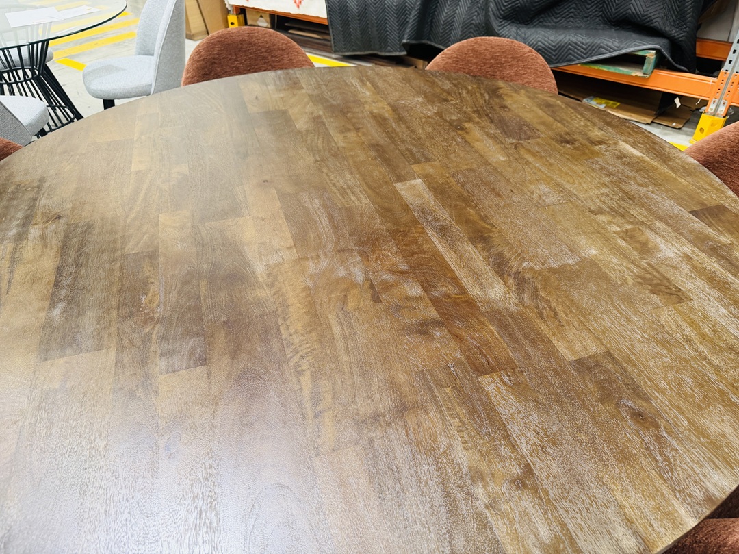 Chocolate Brown Round Dining Table with 6 Maroon Fabric Chairs 3