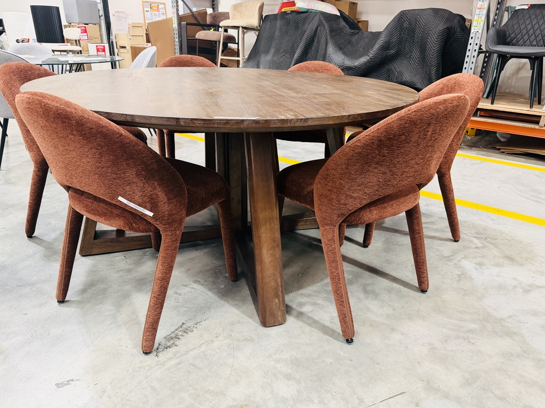 Chocolate Brown Round Dining Table with 6 Maroon Fabric Chairs 4