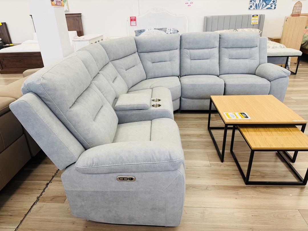 Mist Blue Fabric Electric Corner Sofa with Cupholders & Storage 3