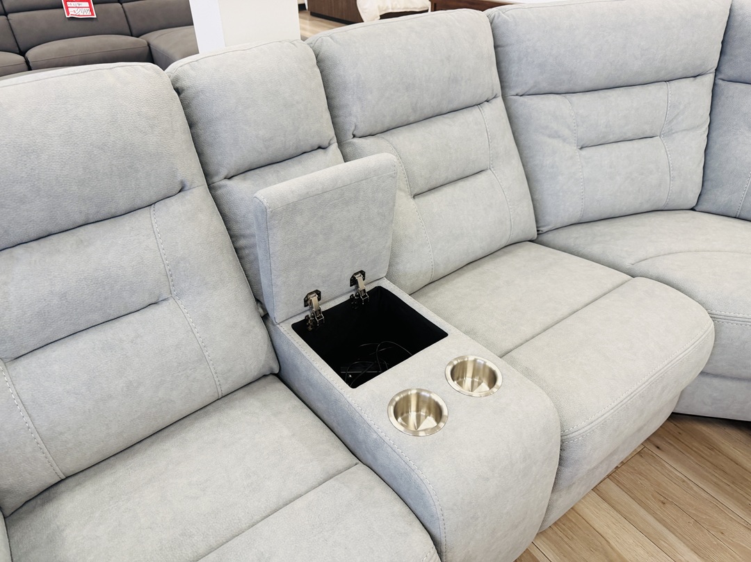 Mist Blue Fabric Electric Corner Sofa with Cupholders & Storage 4
