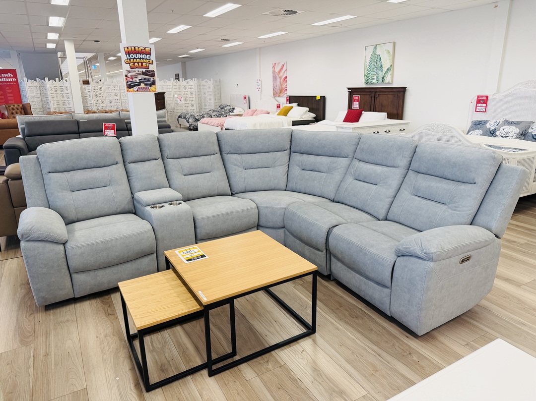 Mist Blue Fabric Electric Corner Sofa with Cupholders & Storage 5