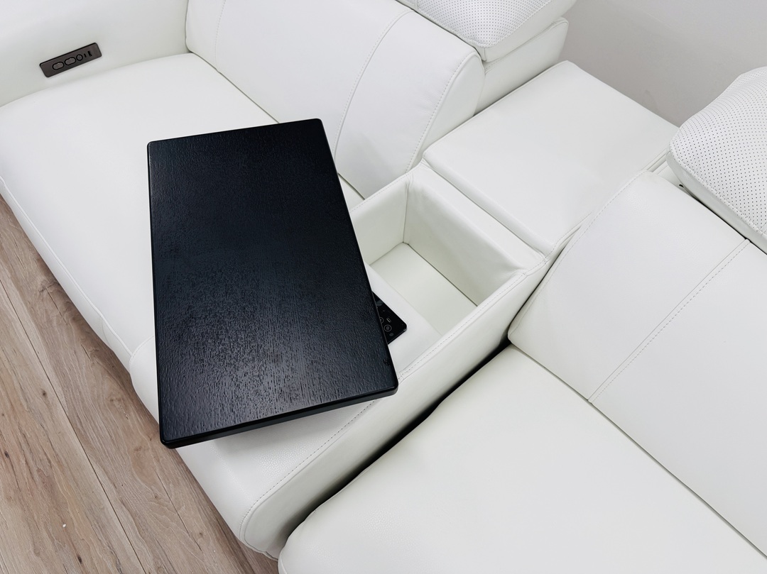 White Leather Corner Lounge with Electric Recliners, Headrests and Built In Speakers in Headrests 4