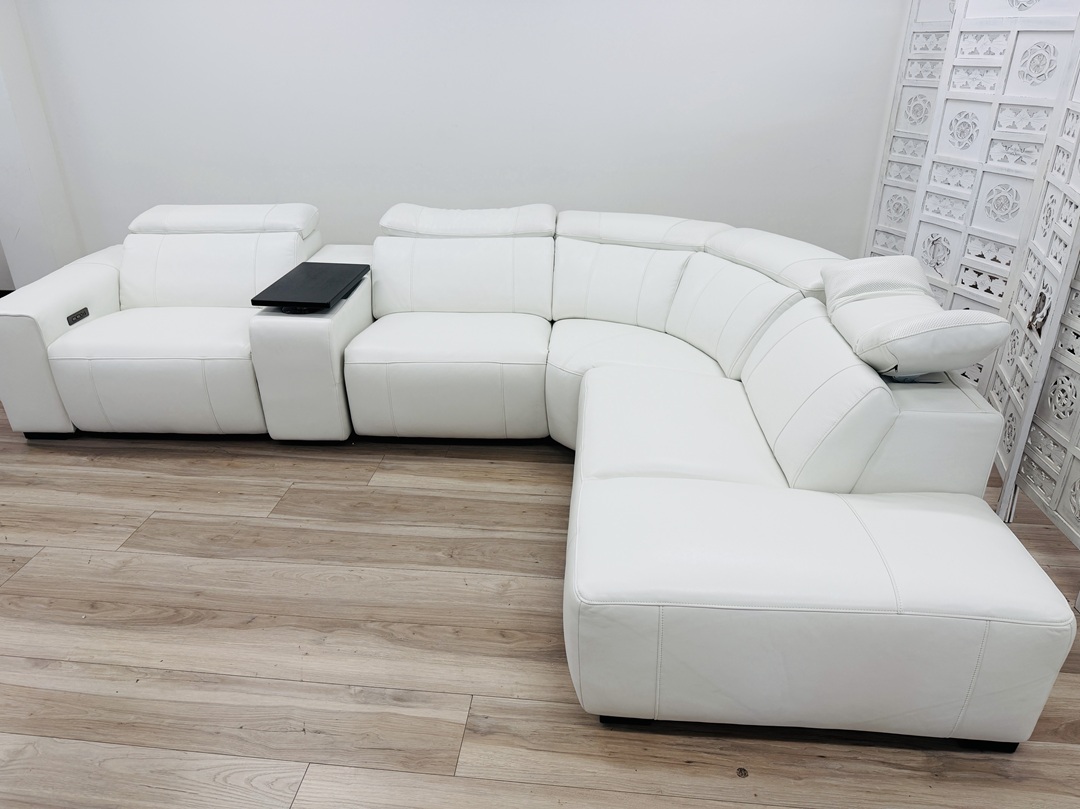 White Leather Corner Lounge with Electric Recliners, Headrests and Built In Speakers in Headrests 7