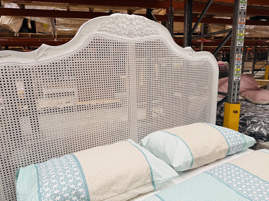 White Timber & Rattan Queen Bed with Carved Floral Design 2