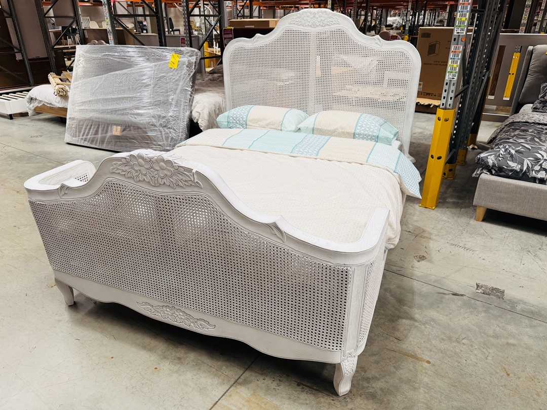 White Timber & Rattan Queen Bed with Carved Floral Design 3
