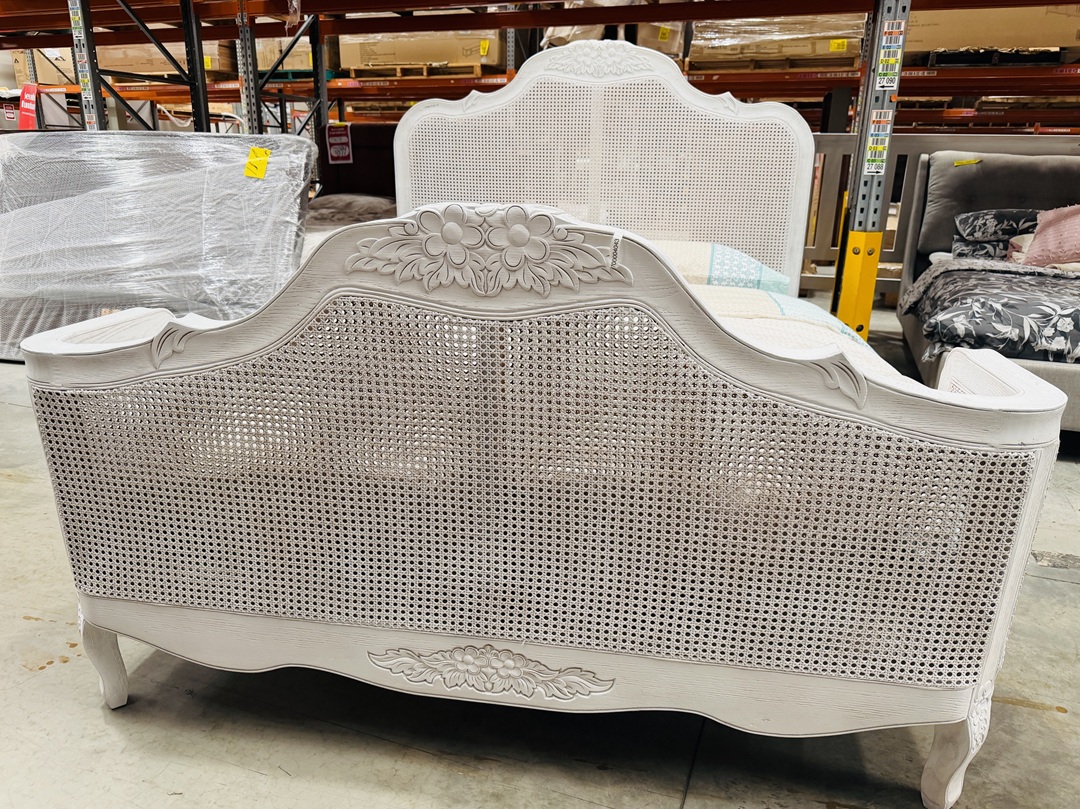 White Timber & Rattan Queen Bed with Carved Floral Design 4