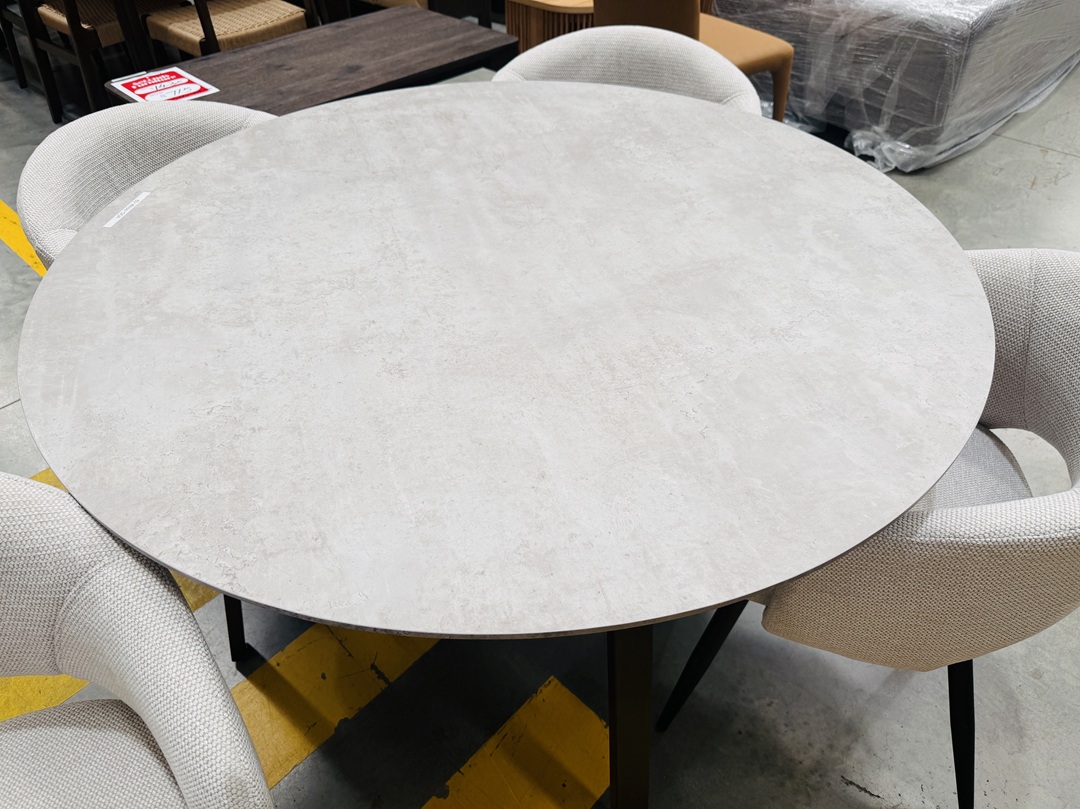 120cm Grey Top Round Dining Table with 4 Beige Fabric Chairs 3