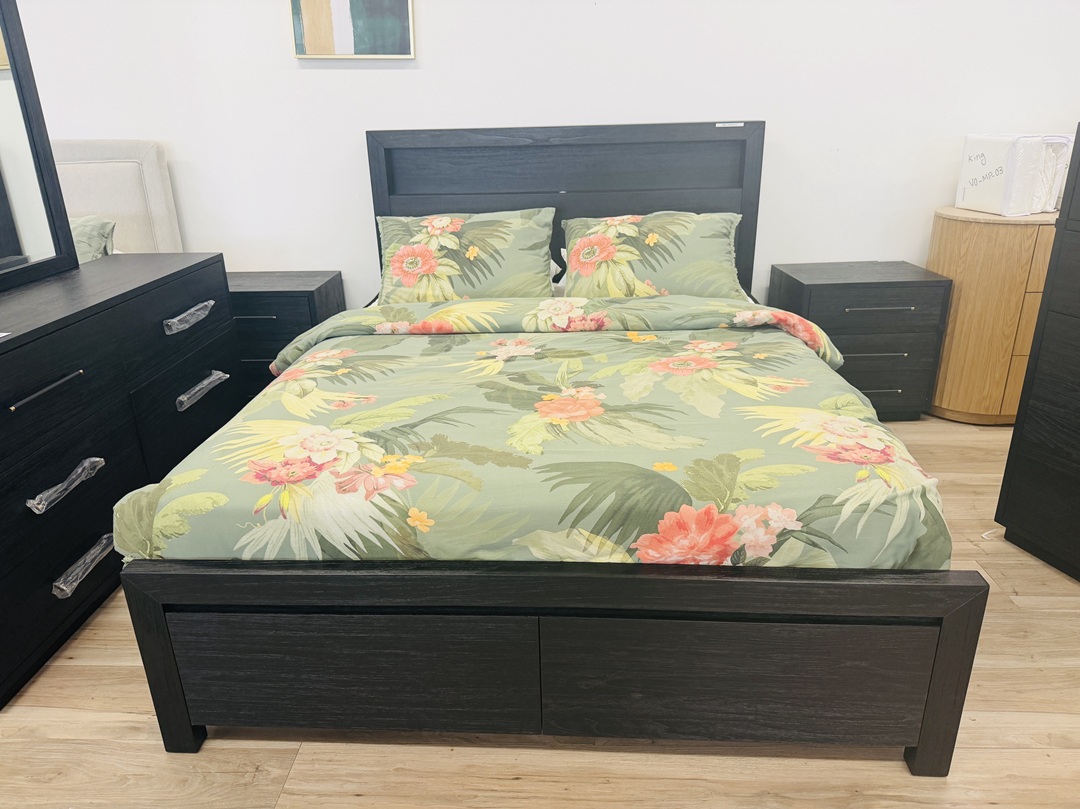 Black Timber Bookend Queen Bed with USB & Storage Drawers 4