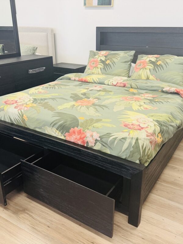 Black Timber Bookend Queen Bed with USB & Storage Drawers