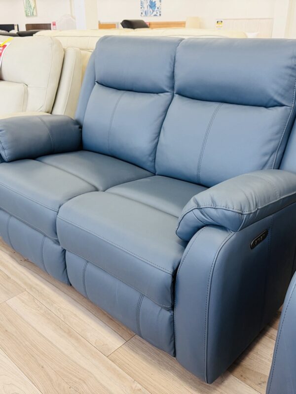 Dark Blue Leather 2 Seater with Electric Recliners